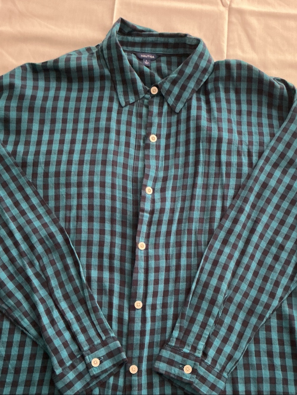 Nautica Men’s Teal and Black Check Long-Sleeve Button-Down Shirt